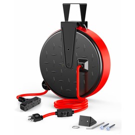DEWENWILS 30FT Extension Cord Reel, 16/3 Gauge SJTW Power Cord, Retractable Cord Reel with 3 Outlets, Ceiling/Wall Mount for Garage, Workshop, 10A Circuit Breaker, Metal Plate, UL Listed, Red