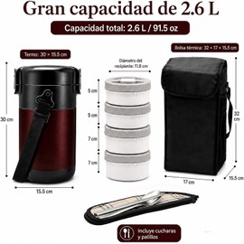 Fiambrera Termica de Acero Inoxidable 316, Tupper Termico de 4 Capa Extra?ble, Prevenci?n de Fugas, Topers Lonchera Termicos con Bolsa Isot?rmica y Cubiertos, Apto para Salir y Trabajar