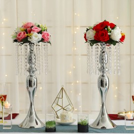 LANLONG Set of 2 Crystal Centerpieces for Tables Silver Metal Flower Vase Stand for Wedding Party Reception Home Decor