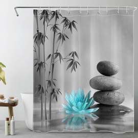 LB Zen Spa Shower Curtain Grey Bamboo Stone with Teal Water Lily in Water Bathroom Shower Curtain Teal and Gray Bathroom Curtain with Hooks 72Lx60W Inch Polyester Fabric Curtain