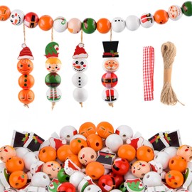 Gmailmall 160Pcs DIY Christmas Wood Beads with Snowman Wooden Bead Twine Xmas Santa Gingerbread Man Round Beads for Crafts DIY Christmas Winter Party Supplies Decor Ornaments