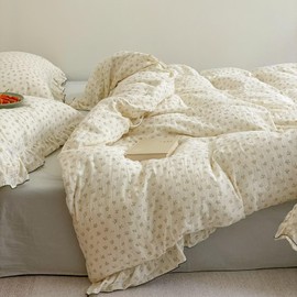 BuLuTu Shabby Chic Floral Duvet Cover Full Size Kids Duvet Cover 79"x90" Muslin Cotton Quilt Cover with Ruffles, Soft Lightweight Comforter Cover for Full/Queen Size Bed, All Seasons