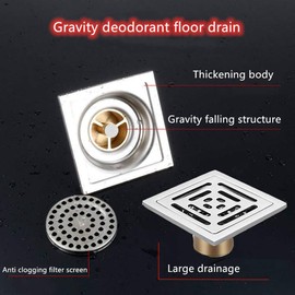 HERKINDNESS Shower Drain Square Floor Drain Odour Resistant Stainless Steel with Strainer for Bathroom Garden (100mm x 100mm)
