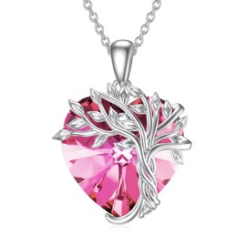 TOUPOP Heart Tree of Life Necklace Sterling Silver Pink Crystal Pendant Necklace Family Tree October Birthstone Jewelry Birthday Mothers Day Gifts for Her Mom Wife