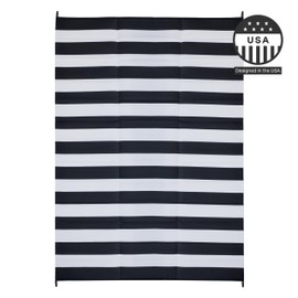 FH Home Outdoor Camping Rug - Waterproof, Fade Resistant, Reversible - Premium Recycled Plastic - Striped - Patio, Deck, Sunroom, RV - Brittany Stripe - Black & White - 5 x 8 ft Foldable