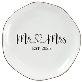 Mr & Mrs EST 2025 Ring Dish - Elegant Ceramic Ring Holder for Engagement, Wedding, and Bridal Shower Gifts - Honeymoon Keepsake for Friends, Newlyweds, and Bride-to-Be