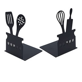 Cookbook Bookends, Creative Metal Hollow Bookends with Non-Slip Mat Kitchen Utensil Shaped Book Stopper Storage Book Holder Book Stand File Organizer