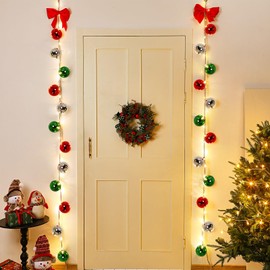 Pinkunn 2 Set Christmas Porch Decorations Christmas Ornament Ball Garlands with Red Bow LED Lights Multicolored Xmas Light Bulbs for Front Door Xmas Tree Wreath Window Wall Garden Indoor Outdoor Decor