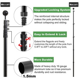 FFILY Flag Pole for Outside In Ground - 16 FT Heavy Duty Telescopic Flagpole Kit for Yard - Extra Thick Outdoor Telescoping Flag Poles with 3x5 American Flag for Residential or Commercial, Black