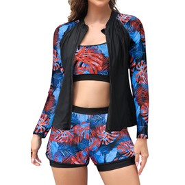 SHEKINI Women's 3-Piece Zip Rash Guard Swimsuits with Tank Bikini Top for High Waist Boyshort, Blue/Red Leaves on Black