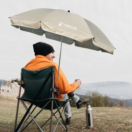 AMMSUN XL Chair Umbrella with Universal Clamp Adjustable 52 inches and 360-degree Swivel UPF 50+, Portable Clamp on Camping or Beach Chair, Stroller, Wheelchair, Golf cart, Light Beige, Large-sized