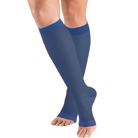 Truform Sheer Compression Stockings, 15-20 mmHg, Women's Knee High Length, Open Toe, 20 Denier, Blue, Small