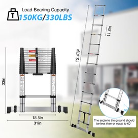 DEZEX 12.5 FT Stainless Steel Telescoping Ladders - One-Button Retraction Collapsible Extension Ladder for Home,RV,Attic,Lasts 375 LBS with Balance Bar and Wheels