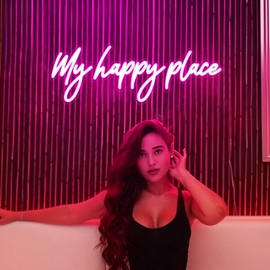Kavaas My Happy Place Neon Signs 16.9" x 5.9", Pink LED Light Up Signs for Wall Decor | My Happy Place Sign for Girls Bedroom, Bar, Office, Dorms