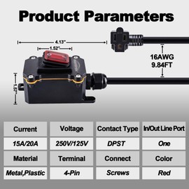 MARSTEK Heavy Duty Waterproof Extension Cord with On/Off Switch,Inline Cord Switch with 10-ft 16AWG Cable Piggyback Plug(3-Pronged),AC/DC 20A-125V,16A-250V (Red)