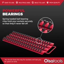 Olsa Tools Socket Organizer Tray - Portable Red Rail with Black Clips - Stores 80 Sockets Securely - Professional-Grade Socket Holder - Part 1047