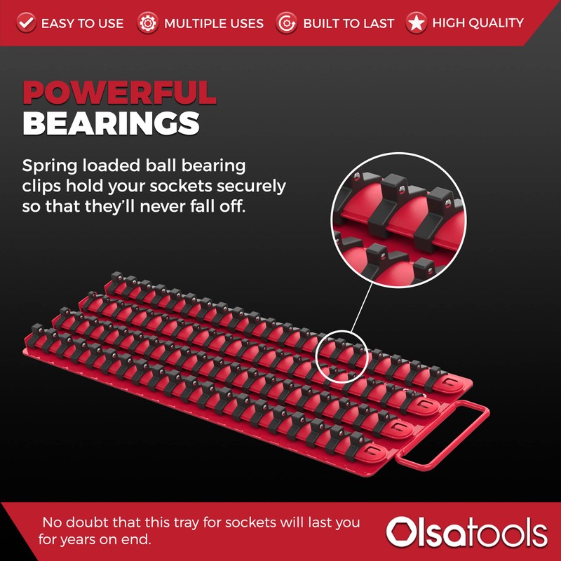 Olsa Tools Socket Organizer Tray - Portable Red Rail with
