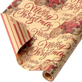 EWES Kraft Christmas Wrapping Paper Brown Vintage Santa Claus Kids Reversible Funny Red Rolls From North Pole Thick Fun Gift Wrap Sheets Retro Rustic Heavy Duty Recyclable Total 28.5sq.ft