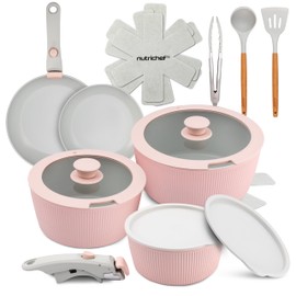 NutriChef 18-Piece Ceramic Cookware Set with Detachable Handles, Non Stick Pots and Pans, PTFE-Free Natural Ceramic Coating, Space-Saving Design, Oven & Stove Safe, Includes Utensils, Pink