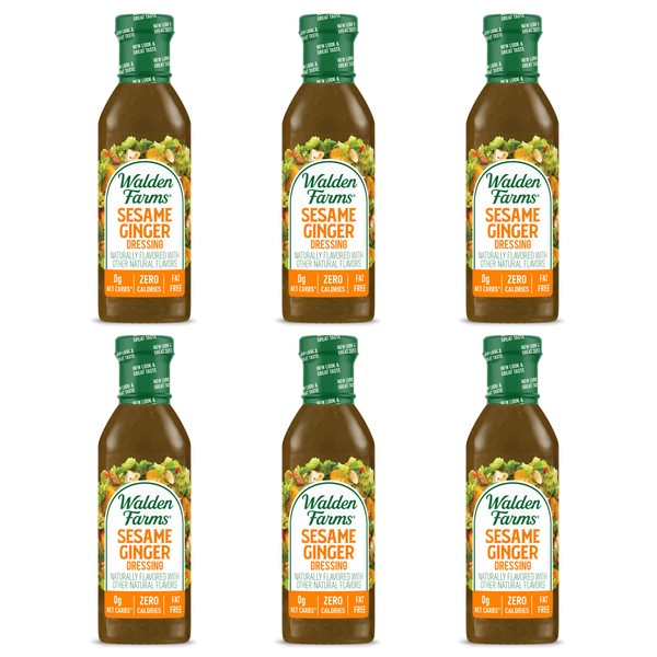 Walden Farms Sesame Ginger Dressing, 12 oz Bottle, Fresh and Delicious Salad Topping, Sugar Free 0g Net Carbs Condiment, Sweet and Tangy, 6 Pack
