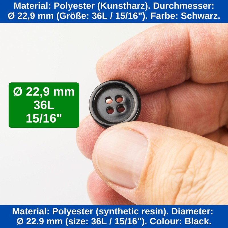24 Pieces 4 Hole Diameter 22.9mm Black Polyester Buttons Size