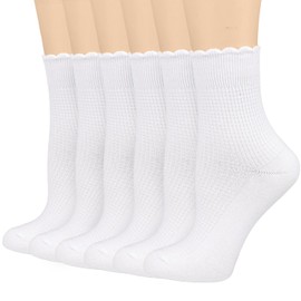 Mcool Mary Women's Crew Socks,Casual Cute Ankle Socks Breathable Cotton Knit White Frilly Socks for Women 6 Pack