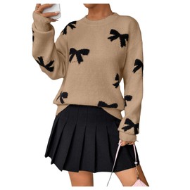 Pinclodly Vintage Sweaters for Women Casual Long Sleeve Crewneck Knitted Sweater Lightweight Cute Bow Sweater Y2K Top Khaki