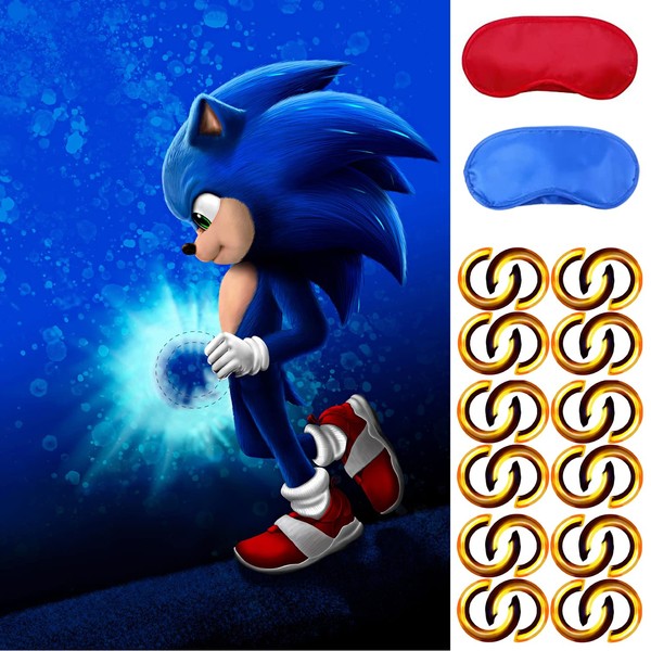 XIAOMA Sonic Birthday Party Supplies, Pin The Rings on Hedgehog, Party Games for Boys Girls Fans, Large Poster 24PCS Stickers for Blue Hedgehog Game Birthday Party Favors Decorations