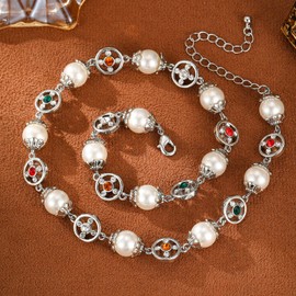 Silver-tone Plated Pearl Necklaces for Women Dainty Choker Crystal-Encrusted Palace Style Statement Bride Wedding Jewelry Gifts for Women (N-501E)