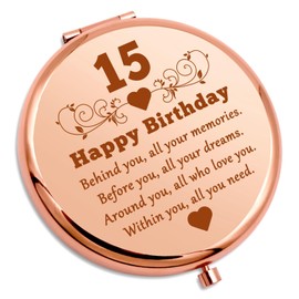 Gevody 15th Birthday Gifts for Girls Compact Makeup Mirror 15 Year Old Teenage Girl Birthday Gift Ideas Inspirational Gift for Sister Folding Mirror 15 Year Old Birthday Gifts for Daughter from Mom