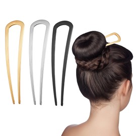 3pcs Metal French Hair Pins for Thick Hair，French Twist Hair Pin for Women Girls,U Shaped Hair Fork for Thick Hair,hair pins for buns,Large French Pins,Suitable for Hair Style (black-golden-silver)
