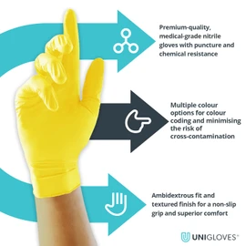 UNIGLOVES Unigloves Yellow Pearl Nitrile Examination Gloves - Multipurpose, Powder Free and Latex Free Disposable Gloves - Box of 100 Gloves, Yellow, Medium (GP0113)