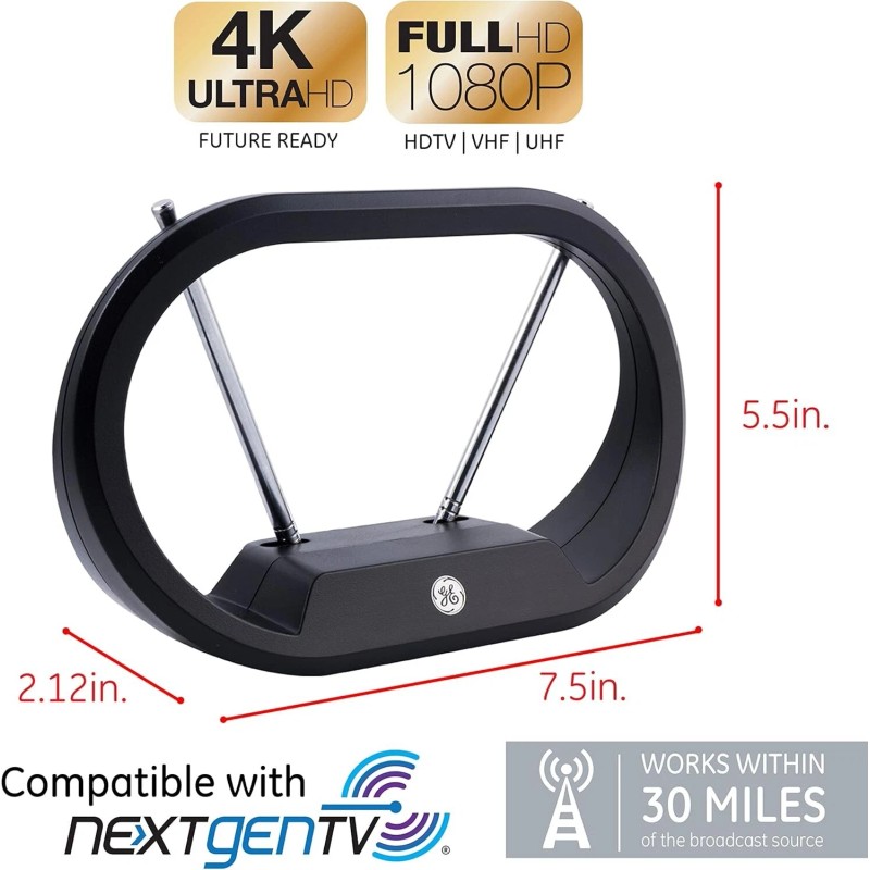 GE HDTV 33675 GE Modern Loop Indoor Antenna 4K Ultra