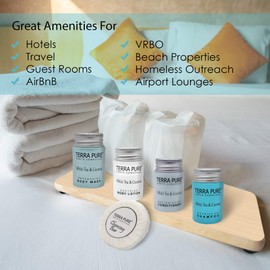 Terra Pure White Tea and Coconut Hotel Soaps and Toiletries Bulk Set | 1-Shoppe All-In-Kit for Hotels | 1oz Shampoo & Conditioner, Body Wash, Lotion & 1.25oz Bar Soap | Travel Size Toiletries 150 Pieces