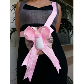 Handmade Baby Shower Mom To Be It's a Girl Sash Pink Polkadots Bottle Ribbon and Corsage