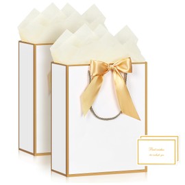 YoungTree Gift Bag, 2PCS Large Gift Bags with Ribbon and 2 Greeting Cards 4 Tissue Papers, Portable Paper Gift Bag with Handles, Birthday Gift Bags,Present Bags for Wedding Party ,Mothers Day9.8"x12.6"x3.9"(White-Gold)