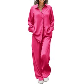 Ekouaer Womens 2 Piece Silk Satin Pajama Set Long Sleeve Lounge Sets Button Down Shirts and Pants PJs Soft Sleepwear Sets Rose Red XL