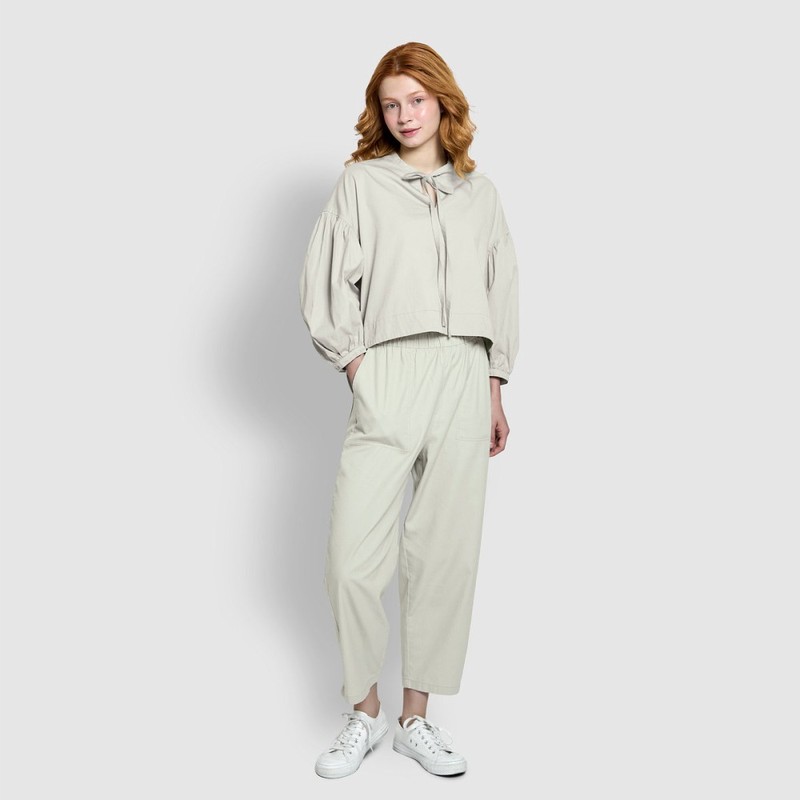 JAJU [JAJU] Women's Loose Fit Shirred Sleeve Blouse_Khaki Gray