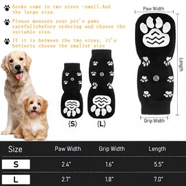 Rynvarl Set of 4 Dog Socks with Non-Slip Sole and Adjustable Strap, Cotton Paw Protection, for Small and Large Dogs, Ideal for Injuries and Cold Floor, Black, S