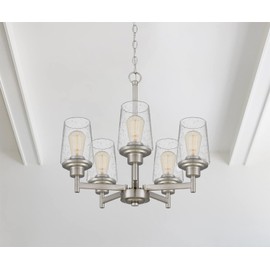 Tawson Jacob Modern 5-Light Chandelier Pendant Ceiling Light Brushed Nickle Seeded Glass Shade Adjustable Height for Hallway, Entryway, Passway, Dining, Bedroom, Kitchen