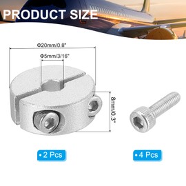 PATIKIL Split Adjustment Rings 5 mm Boring 20 mm OD 8 mm Thickness, Pack of 2 Aluminium Alloy Depth Stop Rings Clamp with Grub Screw for the Mechanical Engineering Industry, Silver