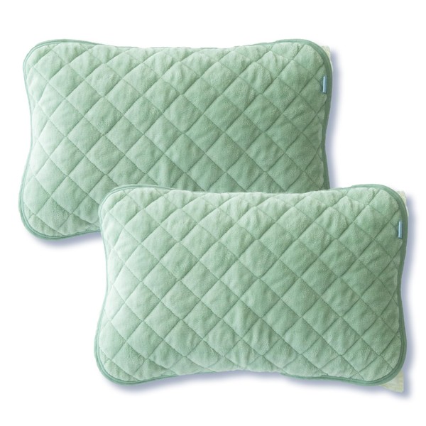 Sylphyz Pillow Pad, Set of 2, 16.9 x 24.8 inches (43 x 63 cm), Pillow Cover, Reversible, 100% Cotton, Terry Fabric, Flannel, All Seasons, Warm, Washable, Elastic Included, Green, Green