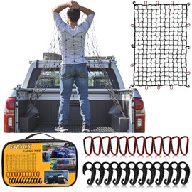 GSPSCN Cargo Net 6' x 4' for Truck Pickup Bed, Trailer,Boat,RV SUV Stretches to 12'x18' Max Roof Rack Net,Small 4”x4” Mesh Heavy Duty Bungee Cord Netting Compatible with Dodge Ram,Chevy Ford,Toyota