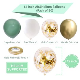 Green and Gold party Balloons, 50pcs 12 Inch Retro Sage Green White Metallic Gold Confetti Balloons with Ribbon for Wedding Birthday Baby Shower Decorations (GreenGold50pcs)
