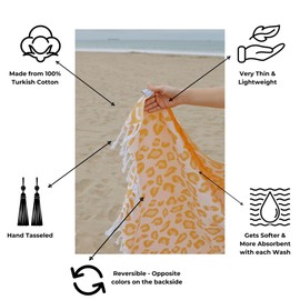 InfuseZen Turkish Bath & Beach Towel – Reversible Leopard Design - 100% Organic Turkish Cotton - Soft, Lightweight, Absorbent Peshtemal, Quick Dry, Sand Free – for Pool, Gym, Throw, Travel - Golden