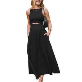 CUPSHE Summer Dress for Women 2025 Formal Sleeveless Round Neck Cutout Pockets Casual A Line Maxi Dress Black, L
