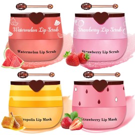 4PCS Lip Scrub and Mask Set,Strawberry and Honey Pot Lip Balm | Repair and Moisturizer Lips Care Set,Reduces Lip Lines,Strawberry and Watermelon Lip Exfoliator Scrub,Lip Mask Overnight