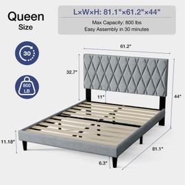 Rukboo Queen Platform Bed Frame with Storage Space, Fabric Upholstered Headboard, Fully Upholstered Mattress Foundation, No Box Spring Needed, Noise-Free, Easy Assembly, Grey