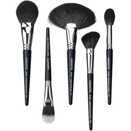 Set de 5 Brochas de Maquillaje Profesionales de Pelo de Cabra Natural: Brochas para Polvos, Colorete, Contorno, Iluminador Y Base. Cerdas Supersuaves, Variedad de Brochas. Mango con Etiqueta.