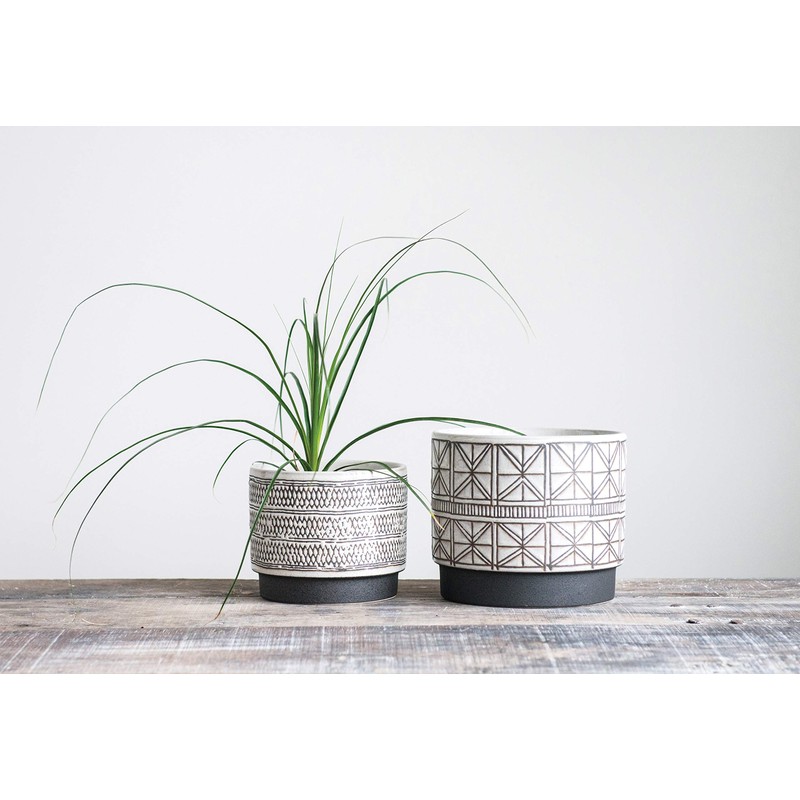 Creative Co-Op White Stoneware Planters with Black Designs (Set of